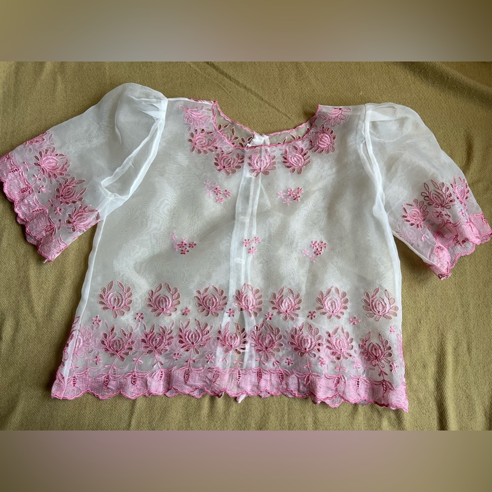 Vintage Top Blouse Womens M pink Pearl Button Up Embroidery Flower loose fitting